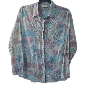 Vintage Goa Floral Blue Pink Button‎ Up Sheer Shirt Size Small Cotton Boho